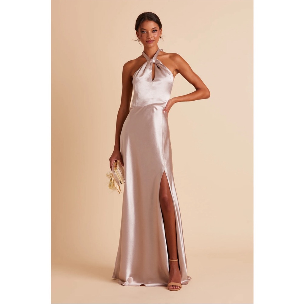 NWT Birdy Grey Bridesmaids Monica Dress in Shiny Satin Taupe (Size Small)